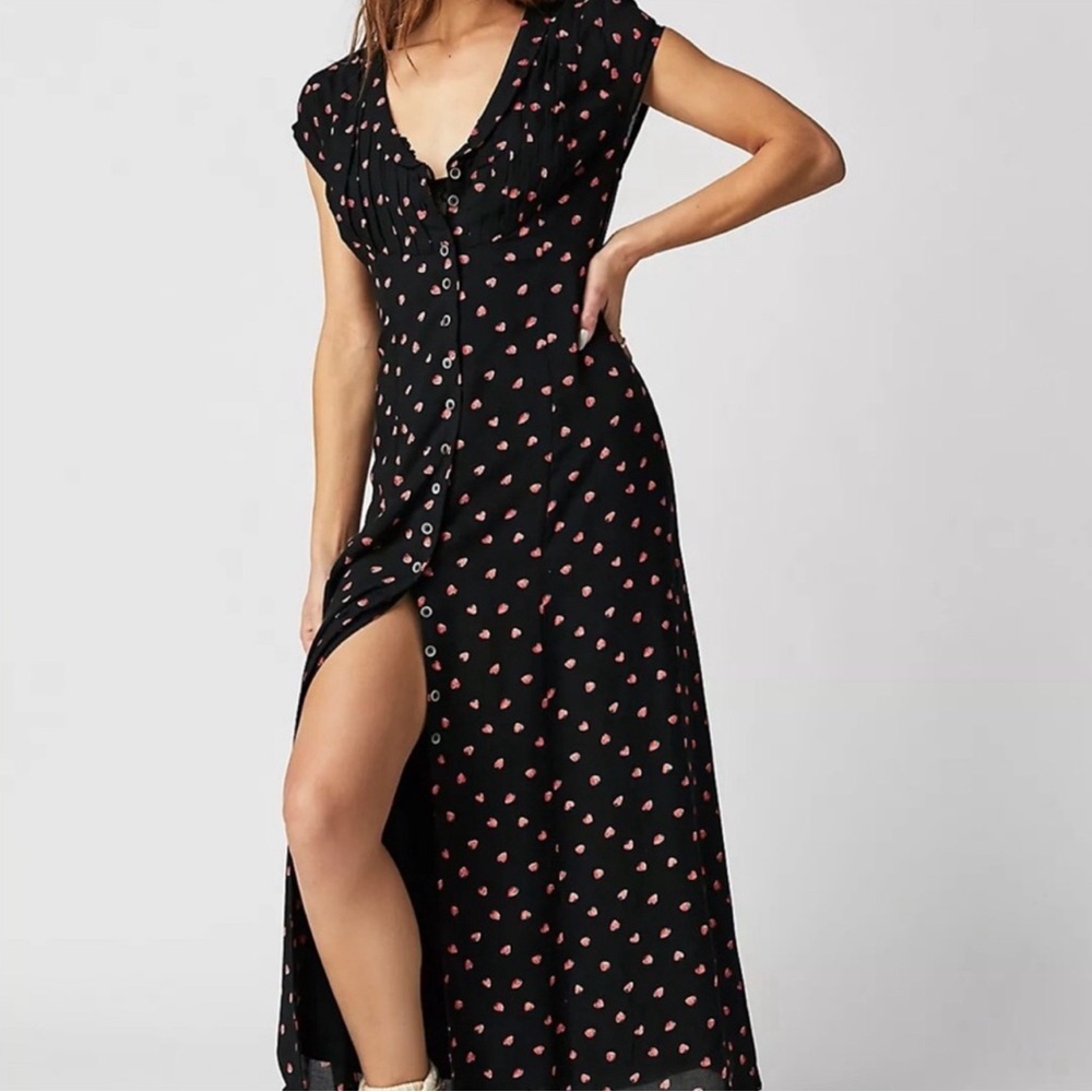 Free People Strawberry Print Maxi Essential Shirt Dress Button Front L